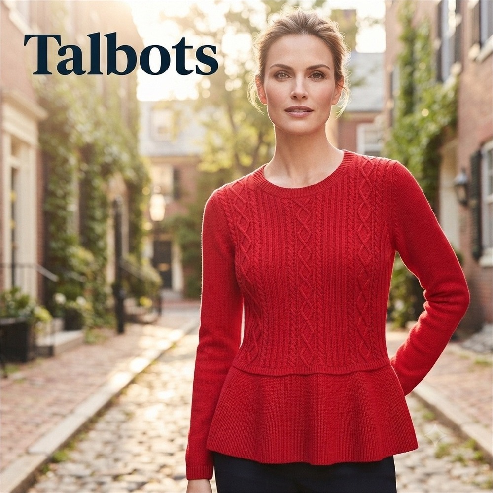 Talbots Red Cable Knit Peplum Sweater Petite Medium Cashmere Blend Crew Neck